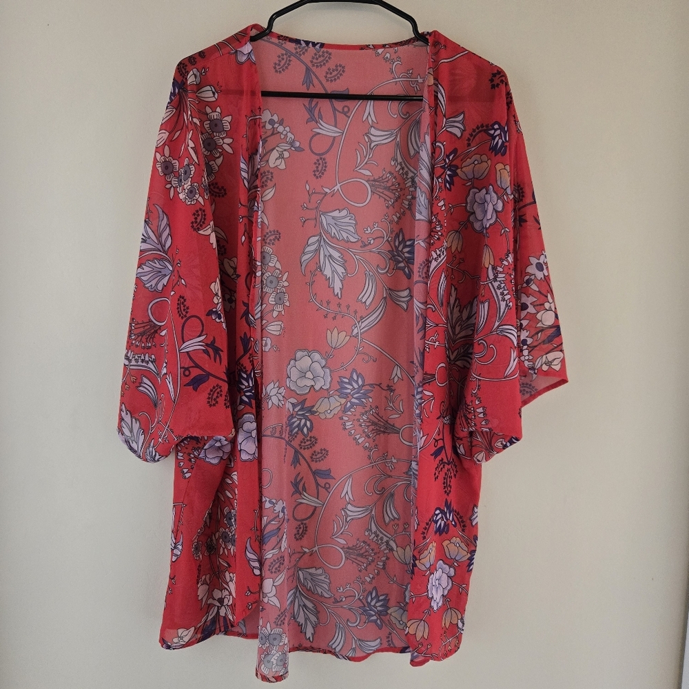 Womens Red Floral Sheer Boho Kimono Cardigan Duster Short length Flowy